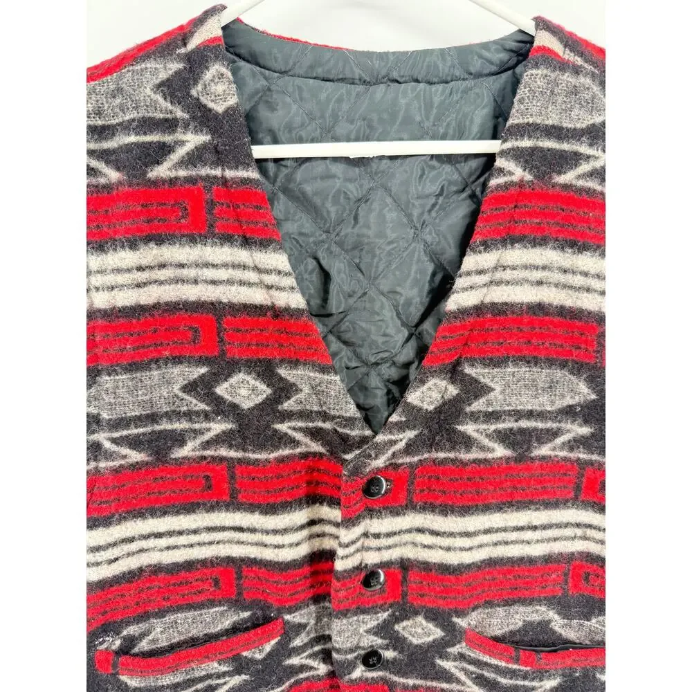 Reversible Wool Aztec Western Vest Quilted Lined Southwestern Ranch Large